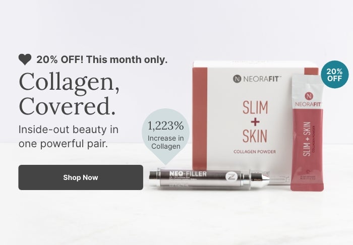A promotional banner for a combo of Neora’s Neo-FILLER and NeoraFit Slim + Skin. Featured is text reading ”20% OFF this month only.” and a “Shop Now” button underneath it.